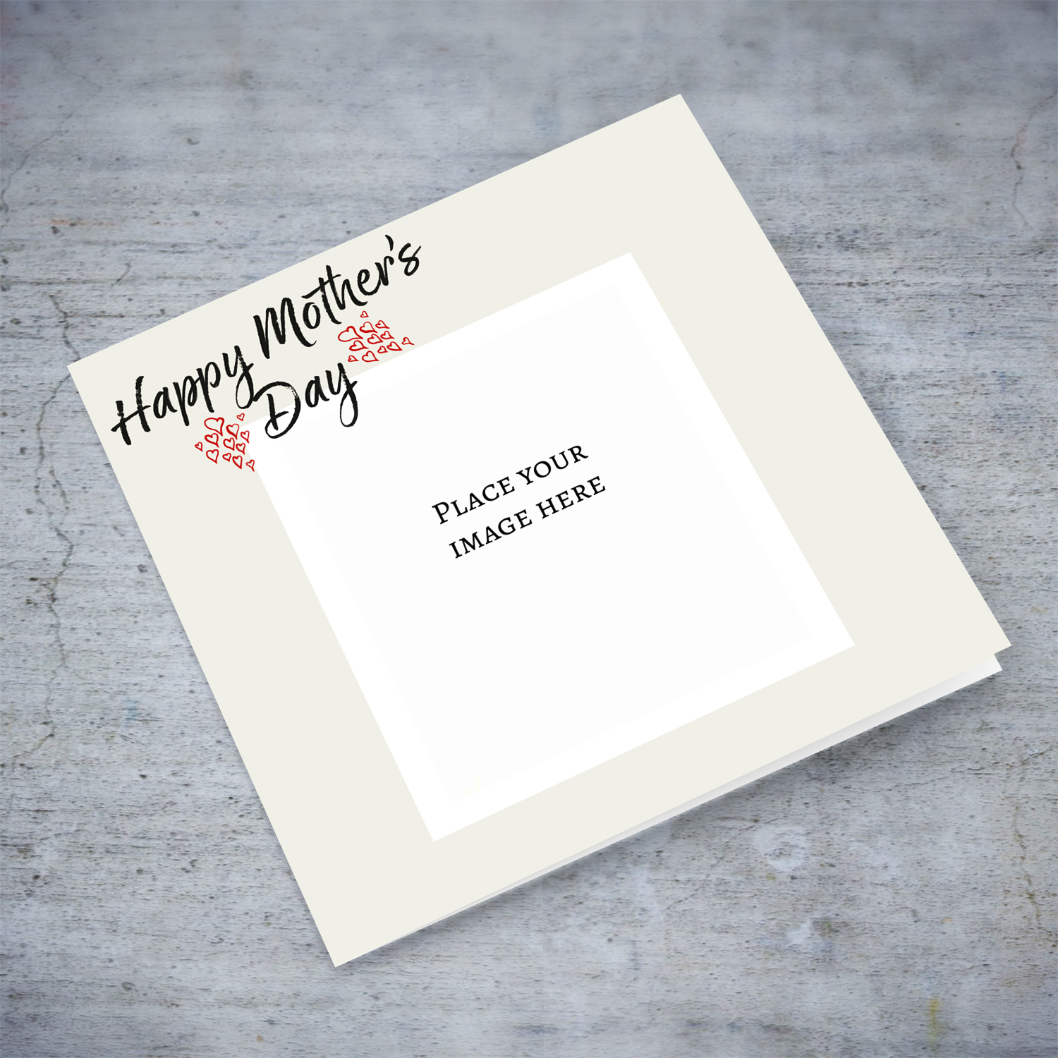 Minimalistic mother's day photo card with red hearts in English