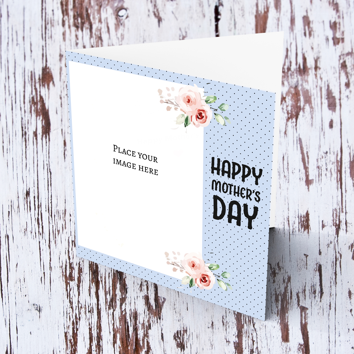 Light blue with dotted background and flowers photo mother's day card in English