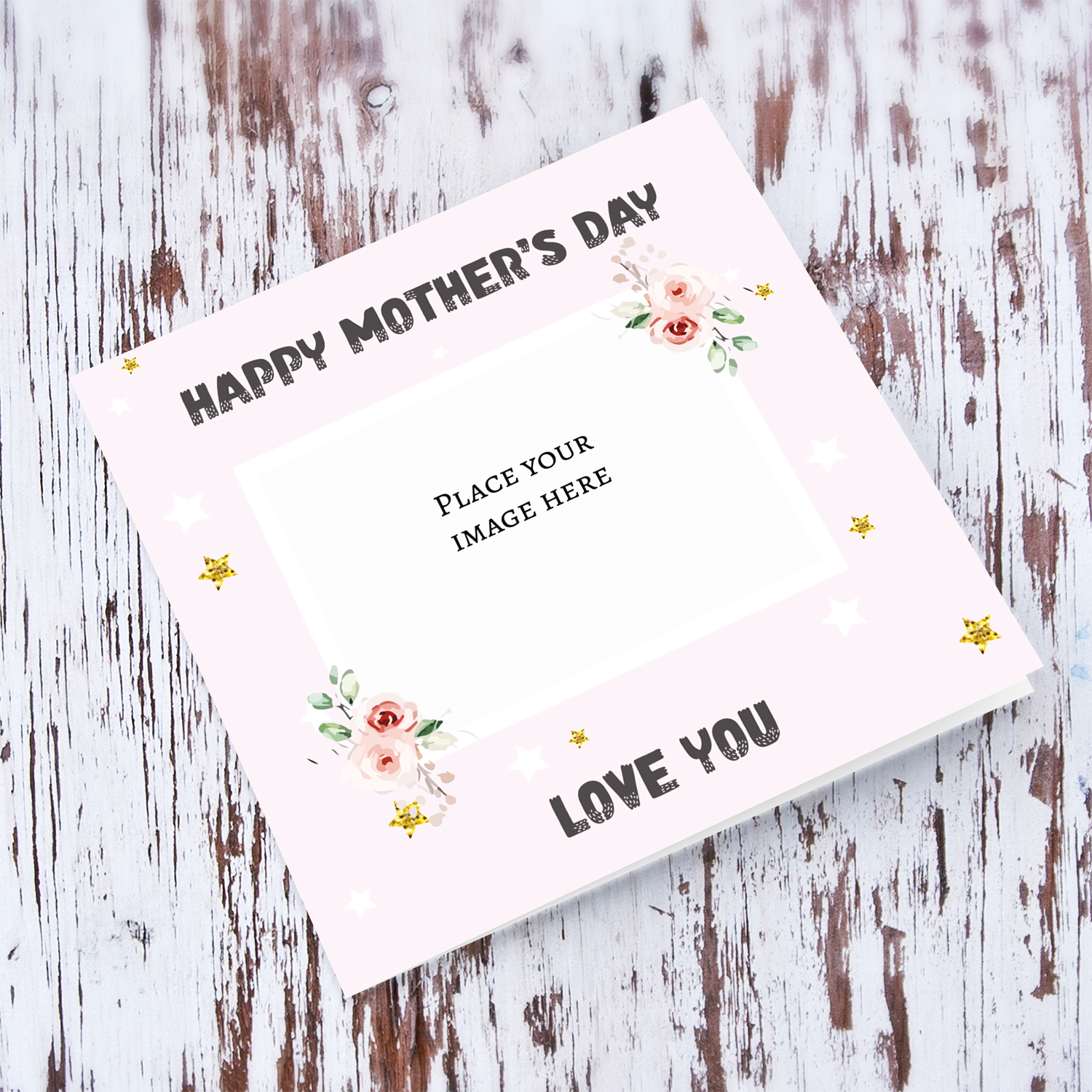 Pink background photo mother's day card with flowers and stars in English