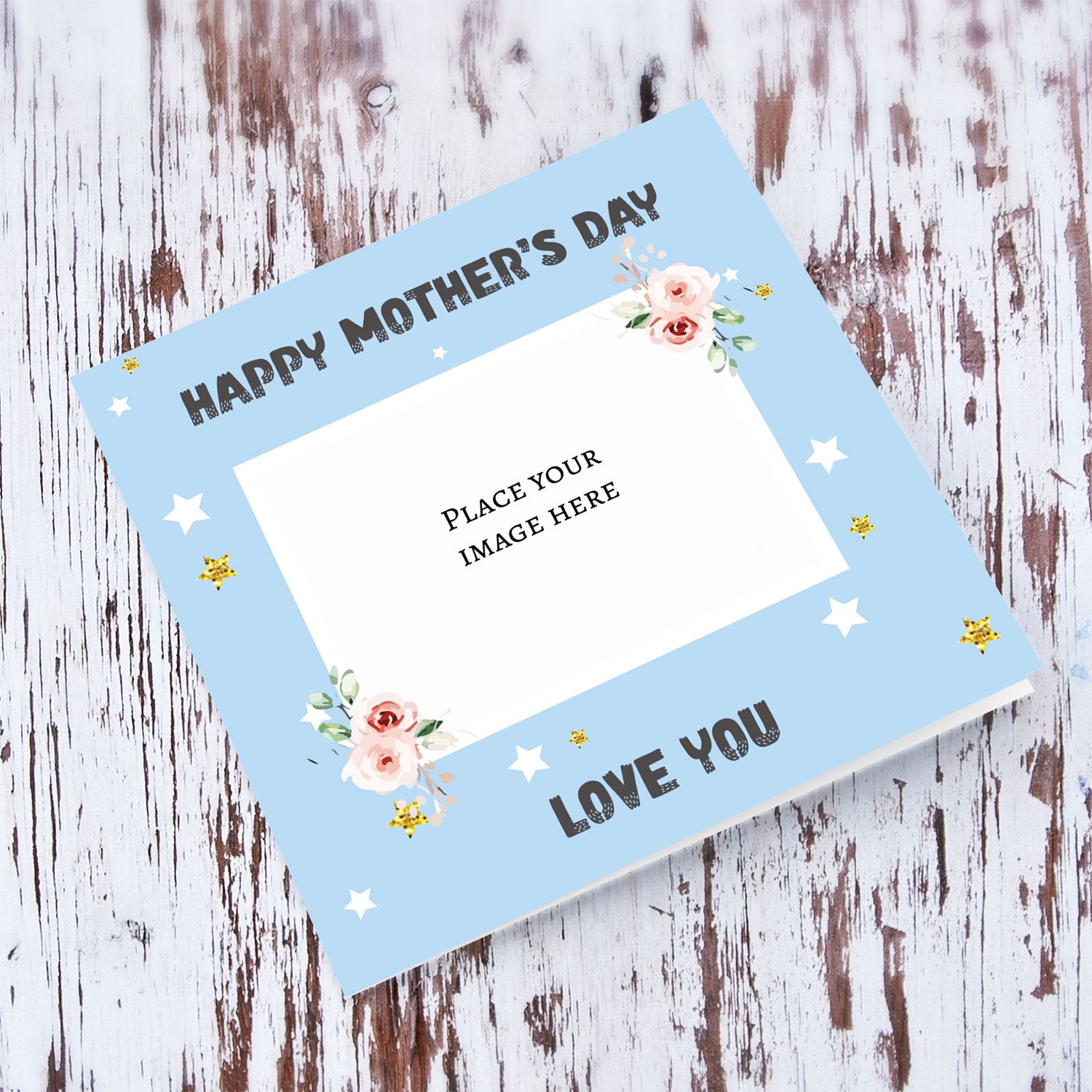 Blue background photo mother's day card with flowers and stars in English