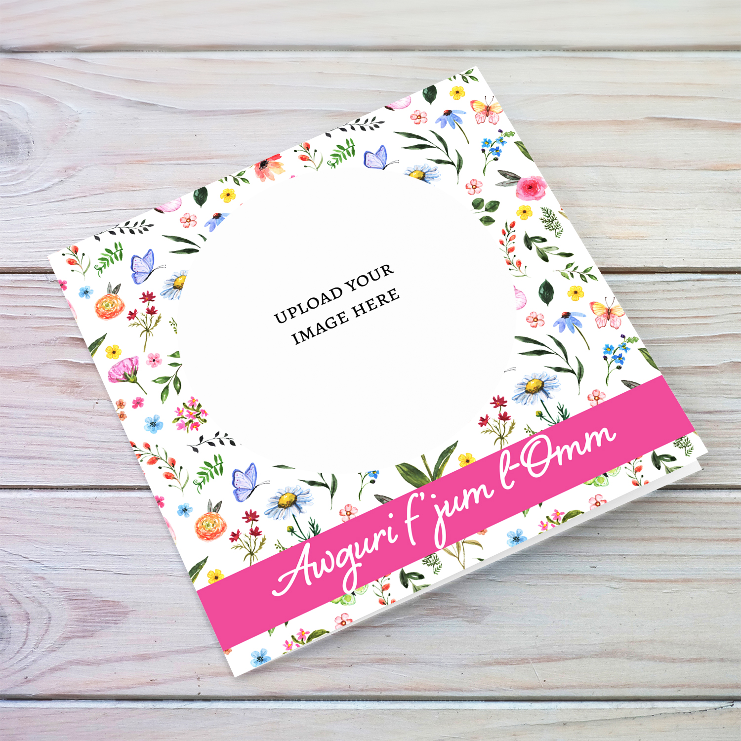 Colourful flower & butterfly background Mother's Day photo card in Maltese