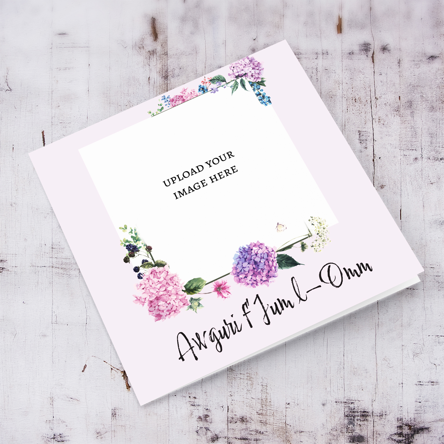 Light pink background photo card for Mother's Day with hydrangeas flowers in Maltese 