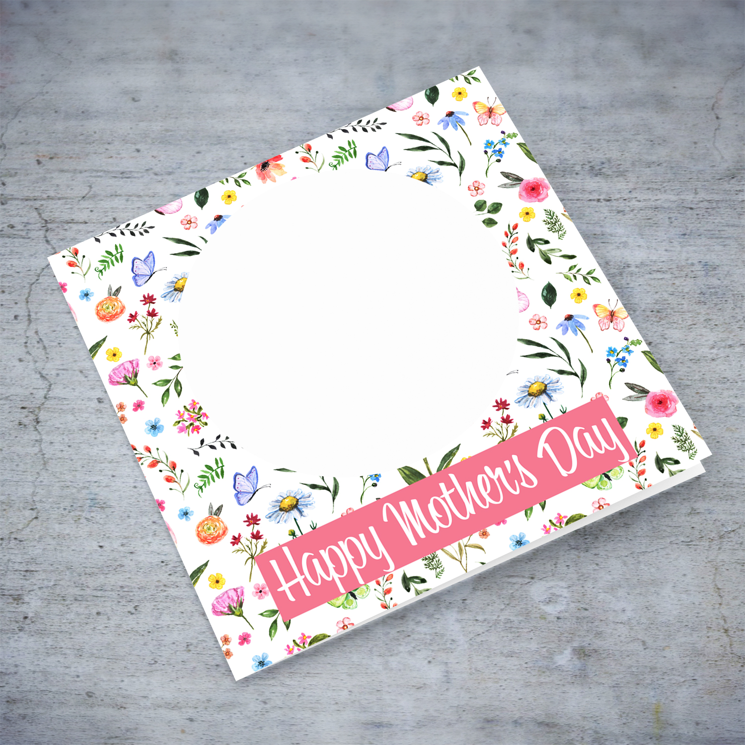 Colourful flower & butterfly background Mother's Day photo card in English