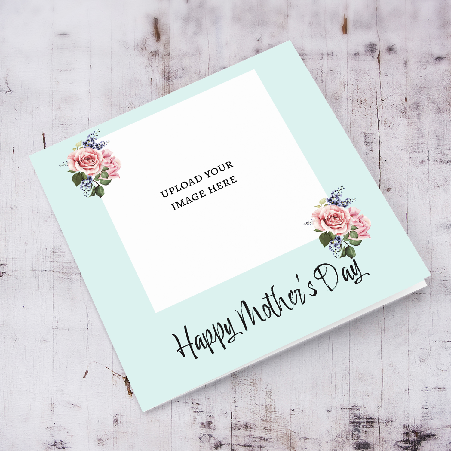 Photo mother's day card with light turquoise background and pink roses in English