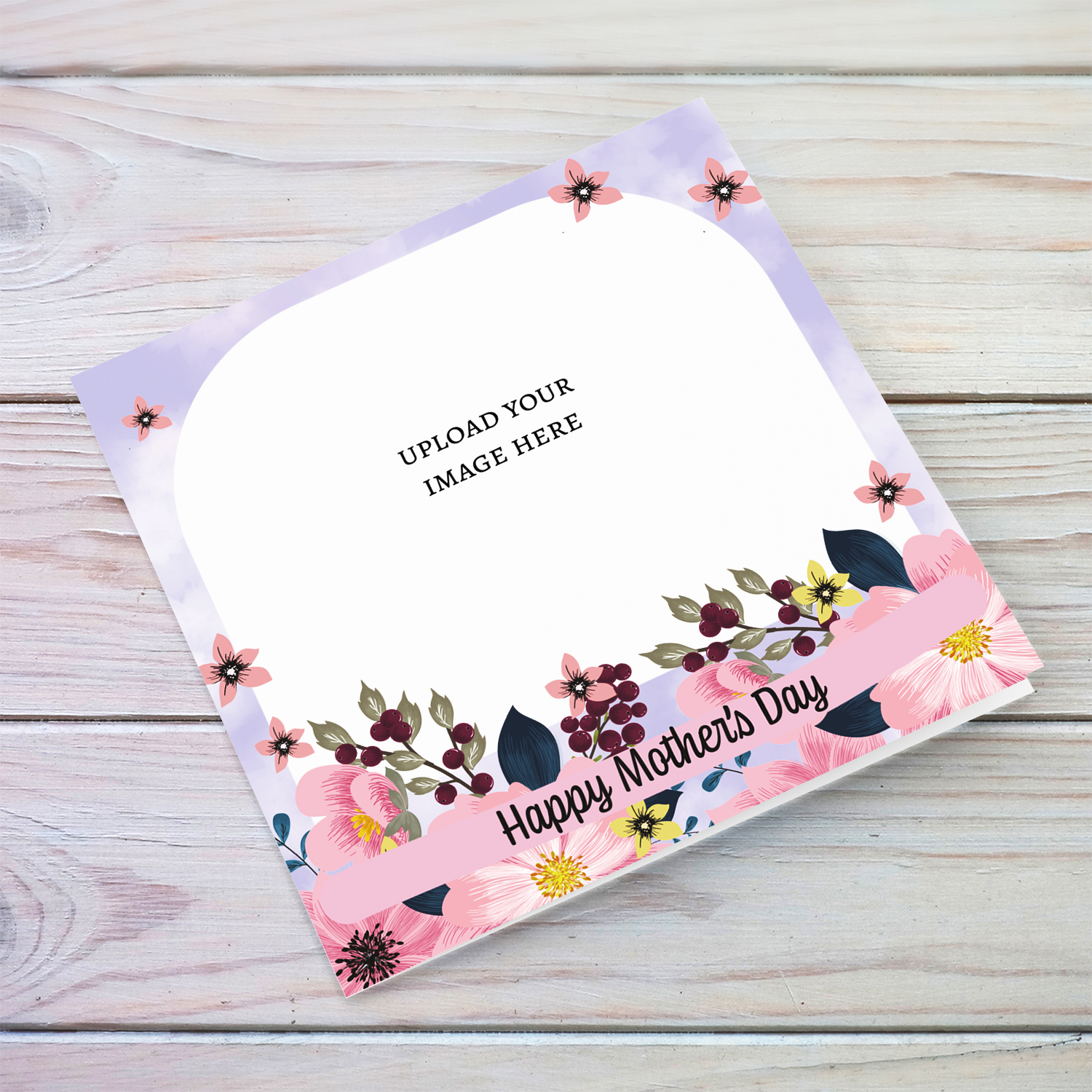 A beautiful mother's day photo card in purple background, featuring florals on the bottom in English