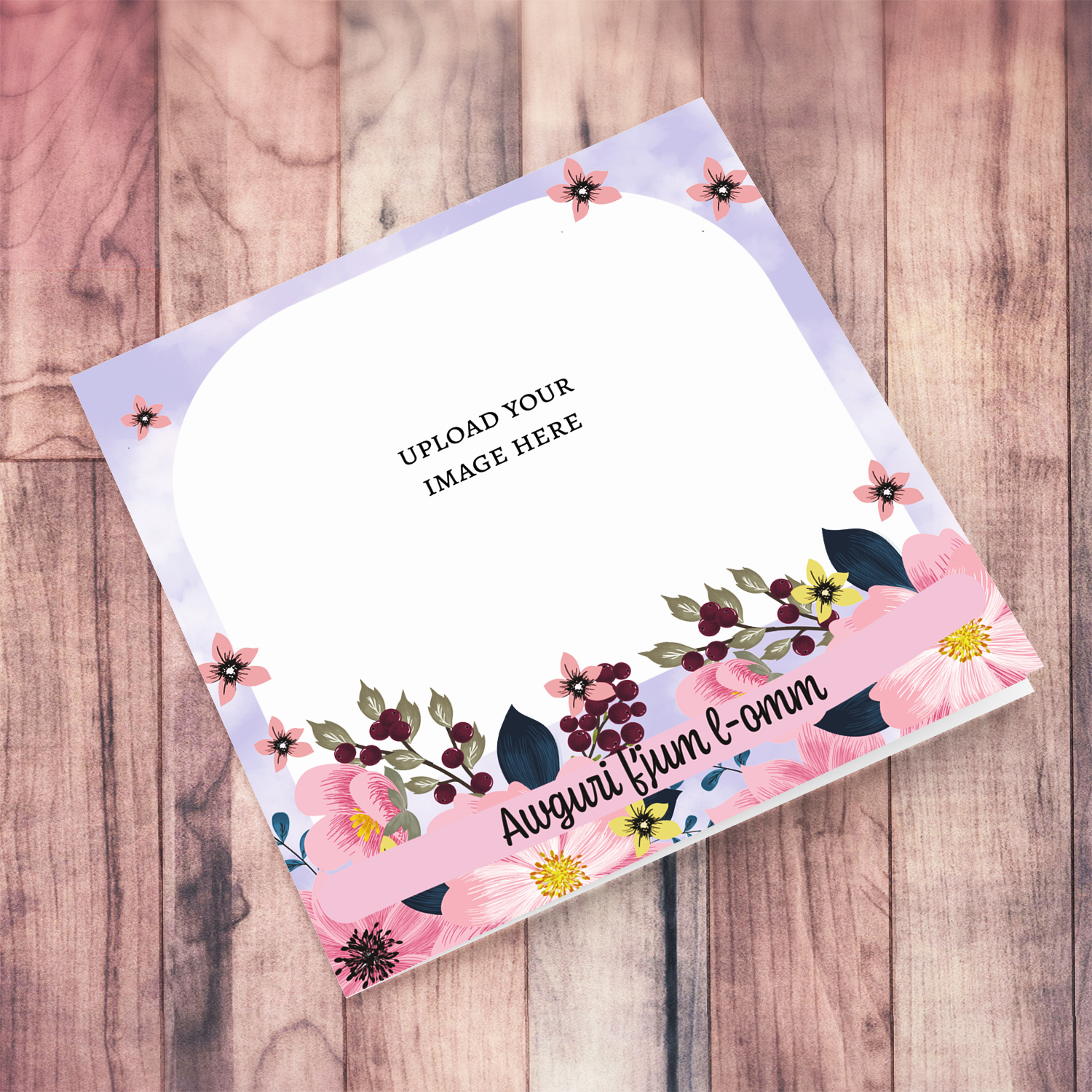 A beautiful mother's day photo card in purple background, featuring florals on the bottom in Maltese