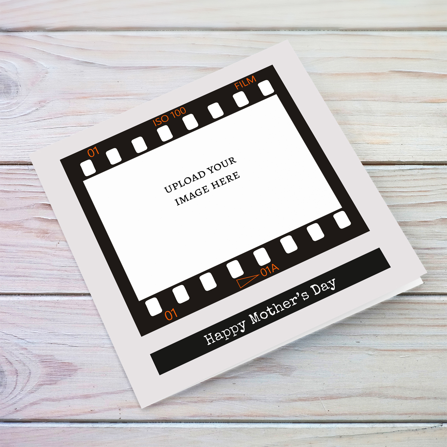 A photo mother's day card featuring a black photo film reel to upload photo into and a neutral background in English