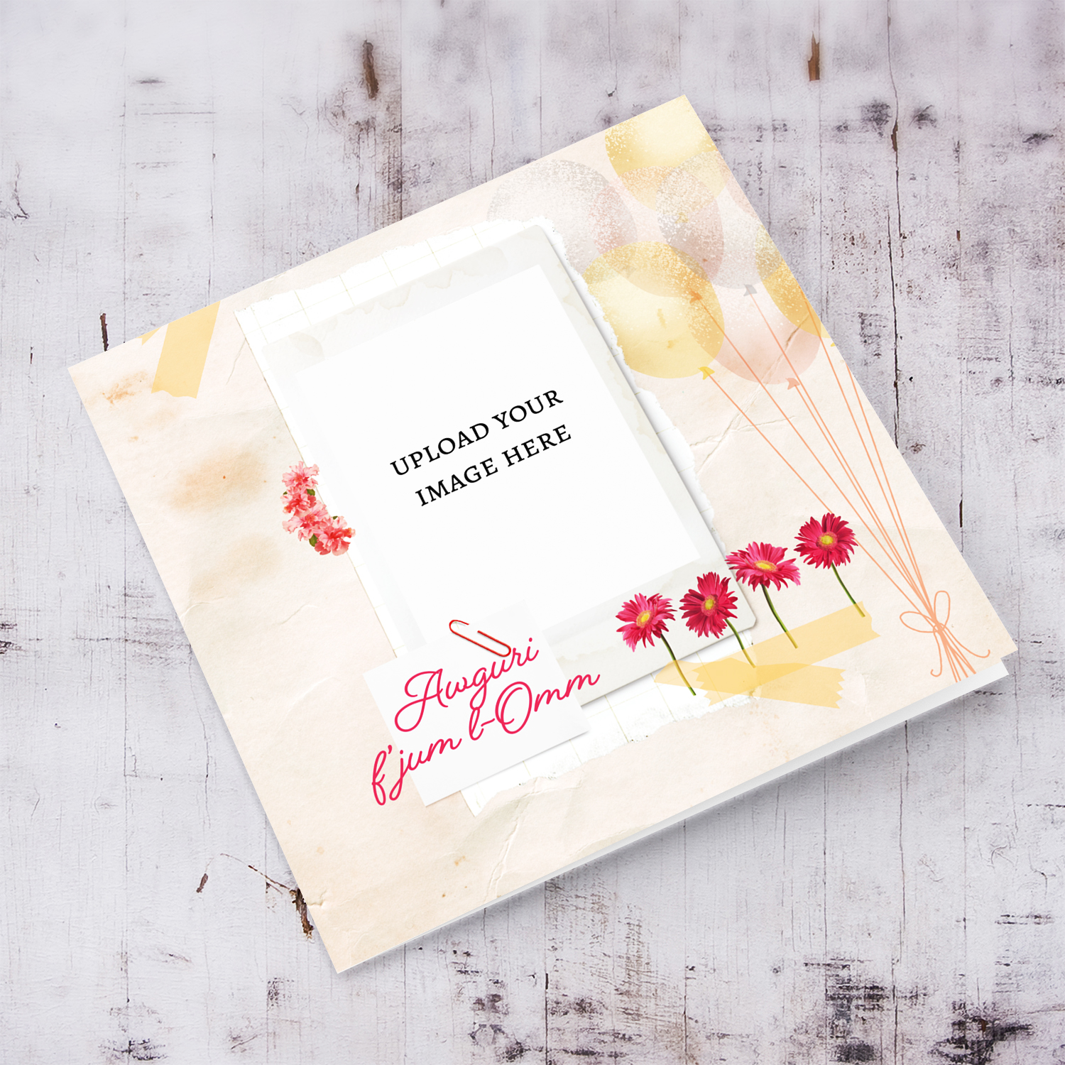 A beautiful Mother's Day photo card with balloons and pink flowers in Maltese