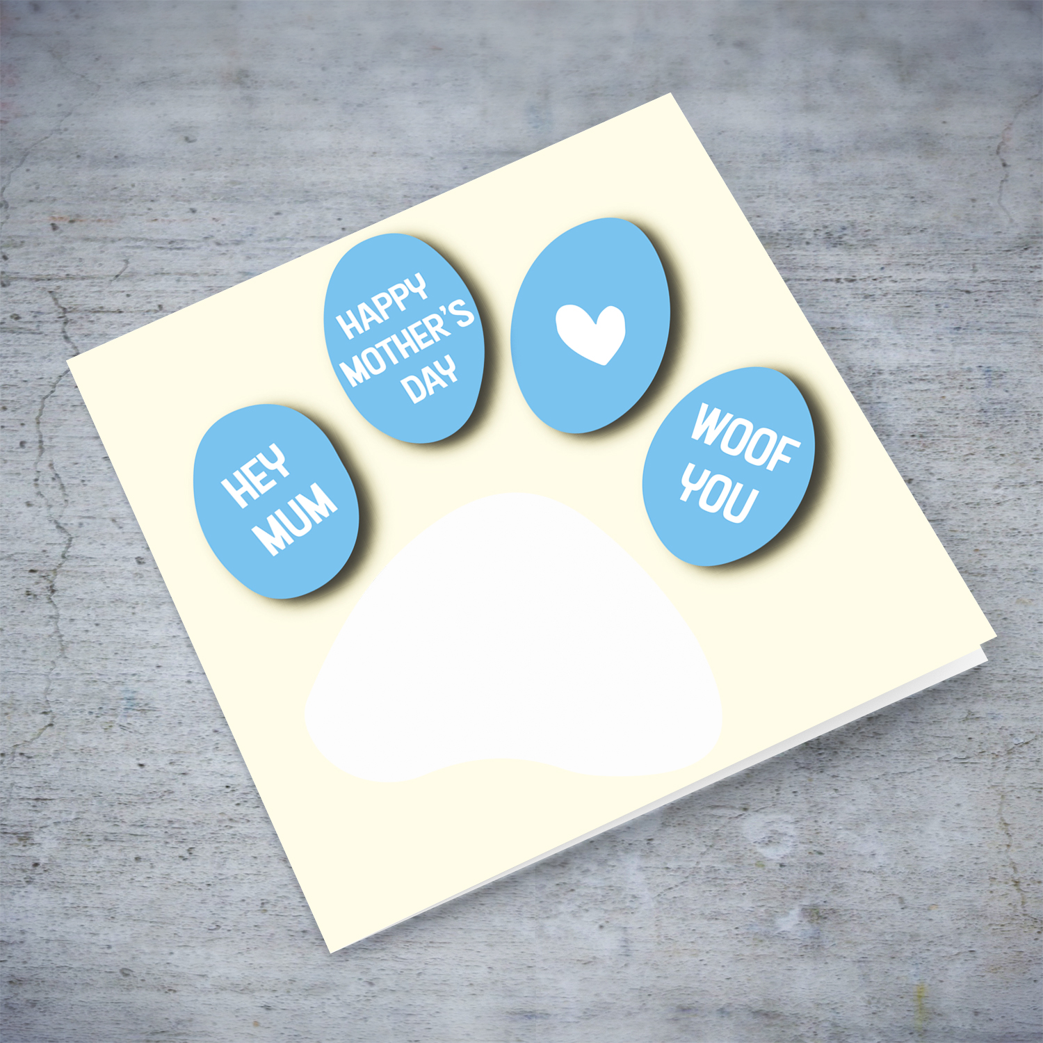 A cute paw themed photo mother's day card in light blue print in English