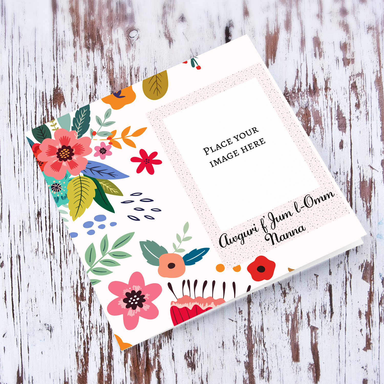 Colourful flowers mother's day photo card for grandma in light pink background in Maltese