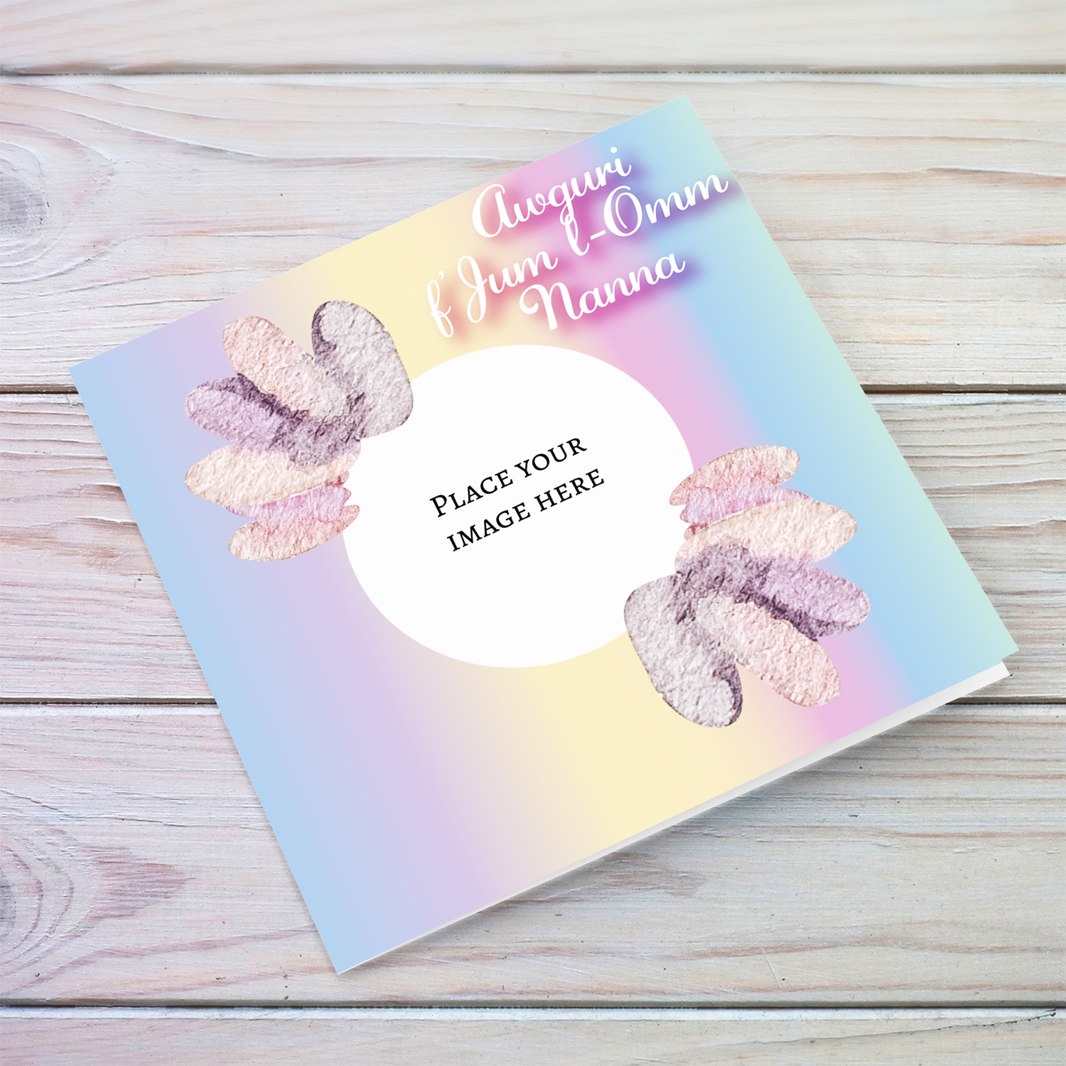 Rainbow pastel coloured background with soft watercolour petals photo mother's day card for Grandma / Nanna in Maltese