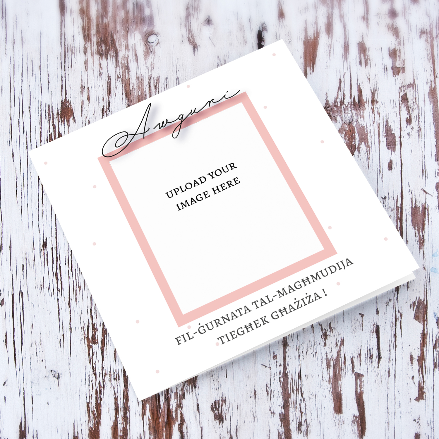 Minimalist Photo baptism card with light pink border in Maltese