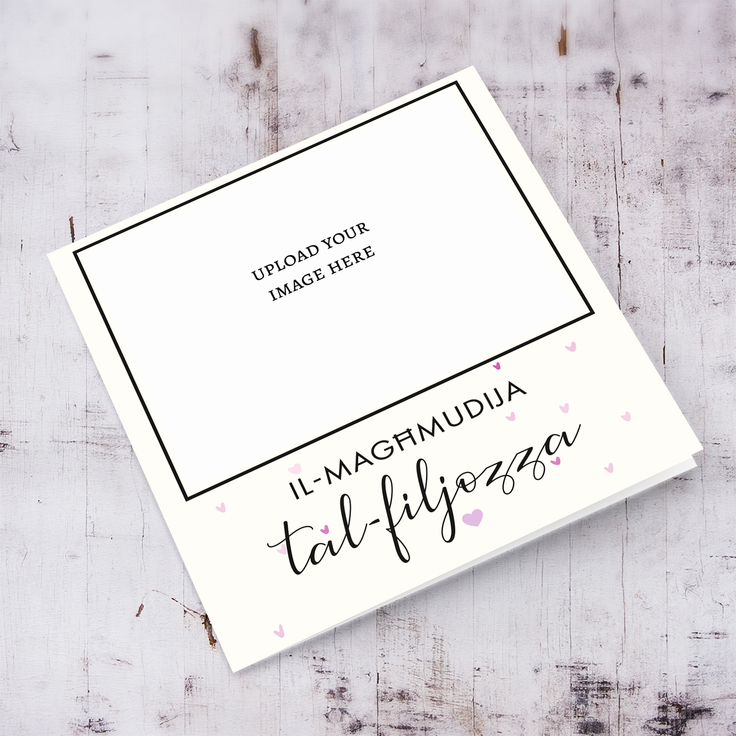 Minimalist photo baptism card for Goddaughter with scattered pink hearts in Maltese