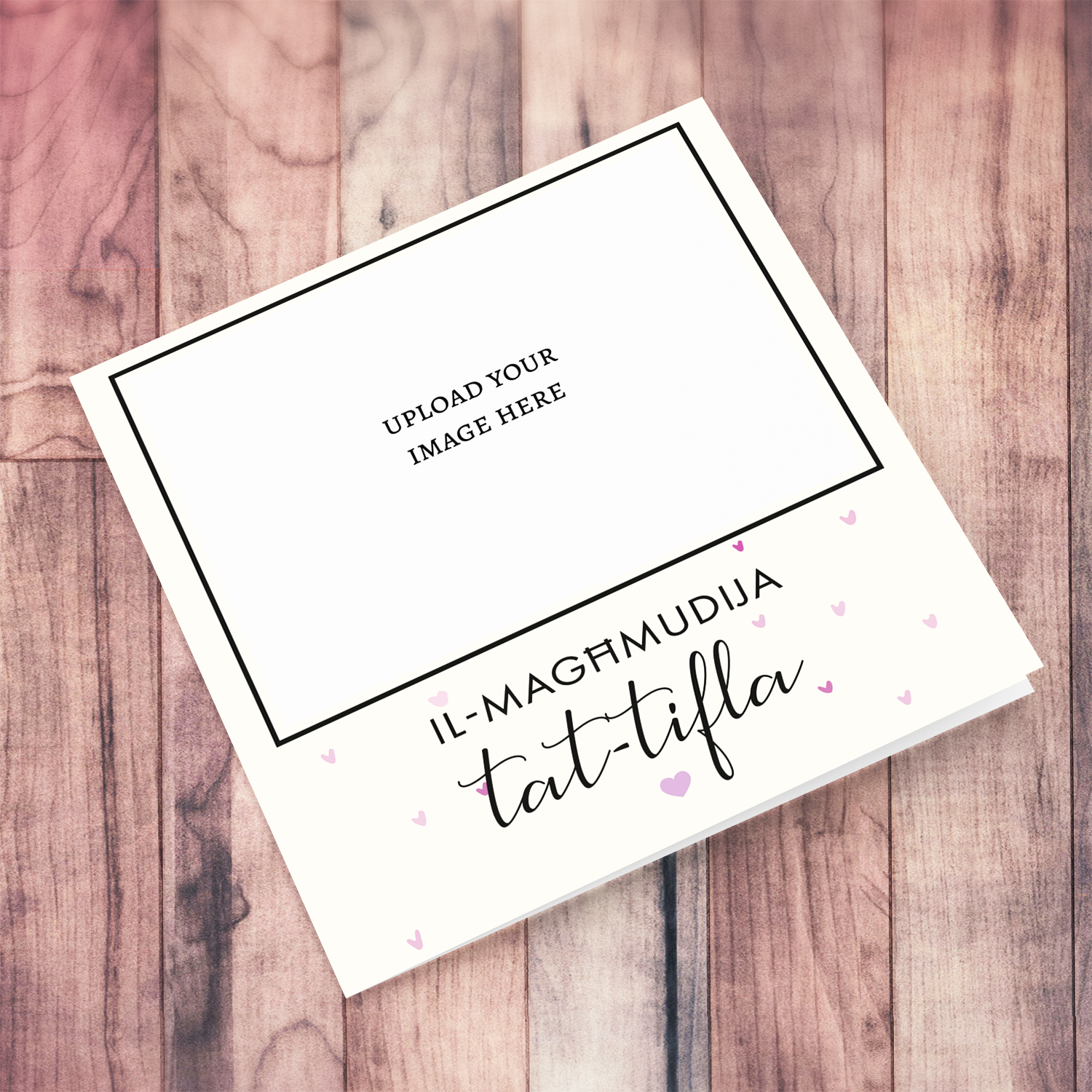 Minimalist photo baptism card for Daughter with scattered pink hearts in Maltese