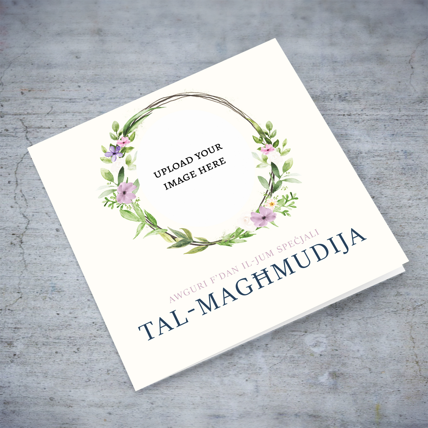 Elegant and dainty baptism photo card for girls with floral wreath in Maltese