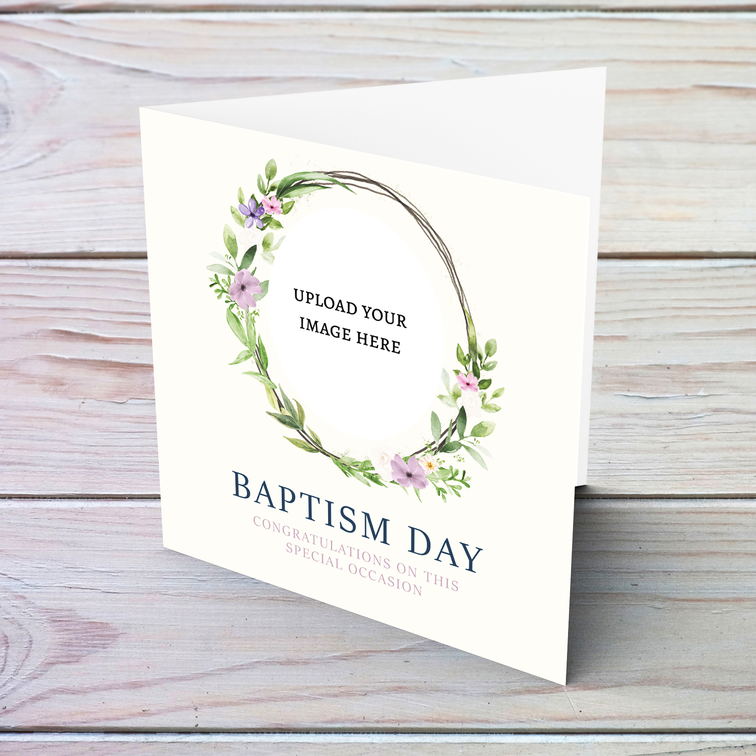 Elegant and dainty baptism photo card for girls with floral wreath in English