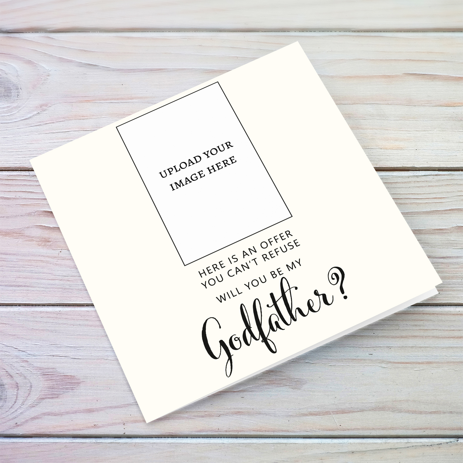 Minimalist photo proposal card for Godfather in English