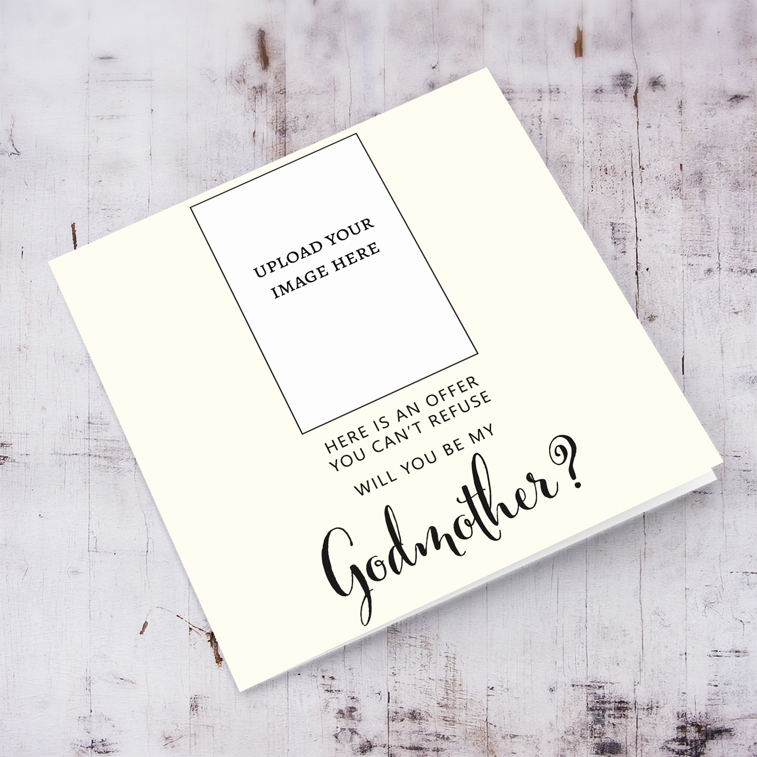Minimalist photo proposal card for Godmother in English