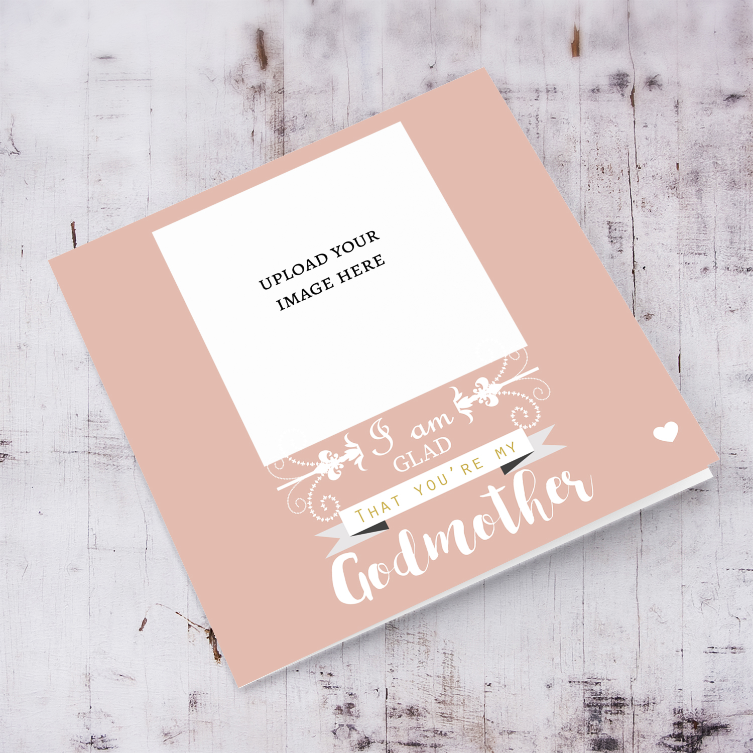 I am glad that you're my Godmother - Photo Baptism Card in a shade of pink background and white text English
