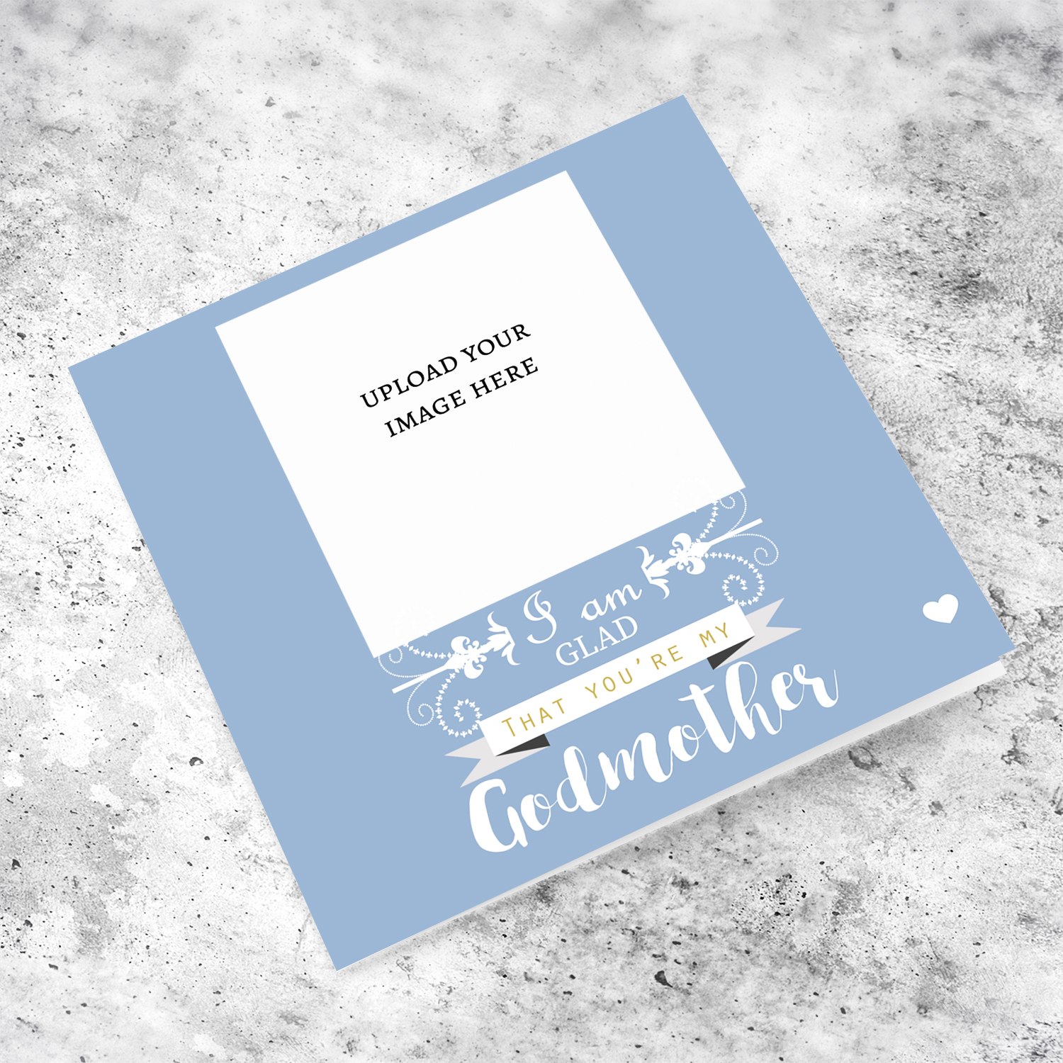 I am glad that you're my Godmother - Photo Baptism Card in a shade of blue background and white text from Godchild English