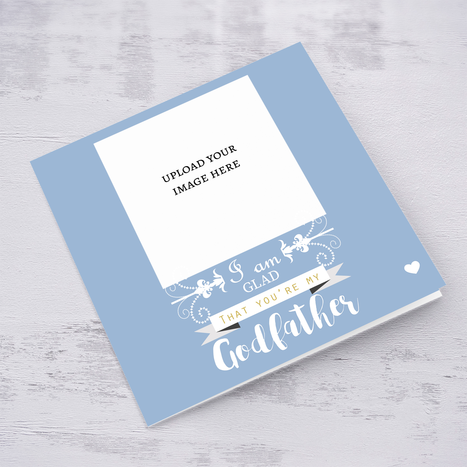 I am glad that you're my Godfather - Photo Baptism Card in a shade of blue background and white text from Godchild English