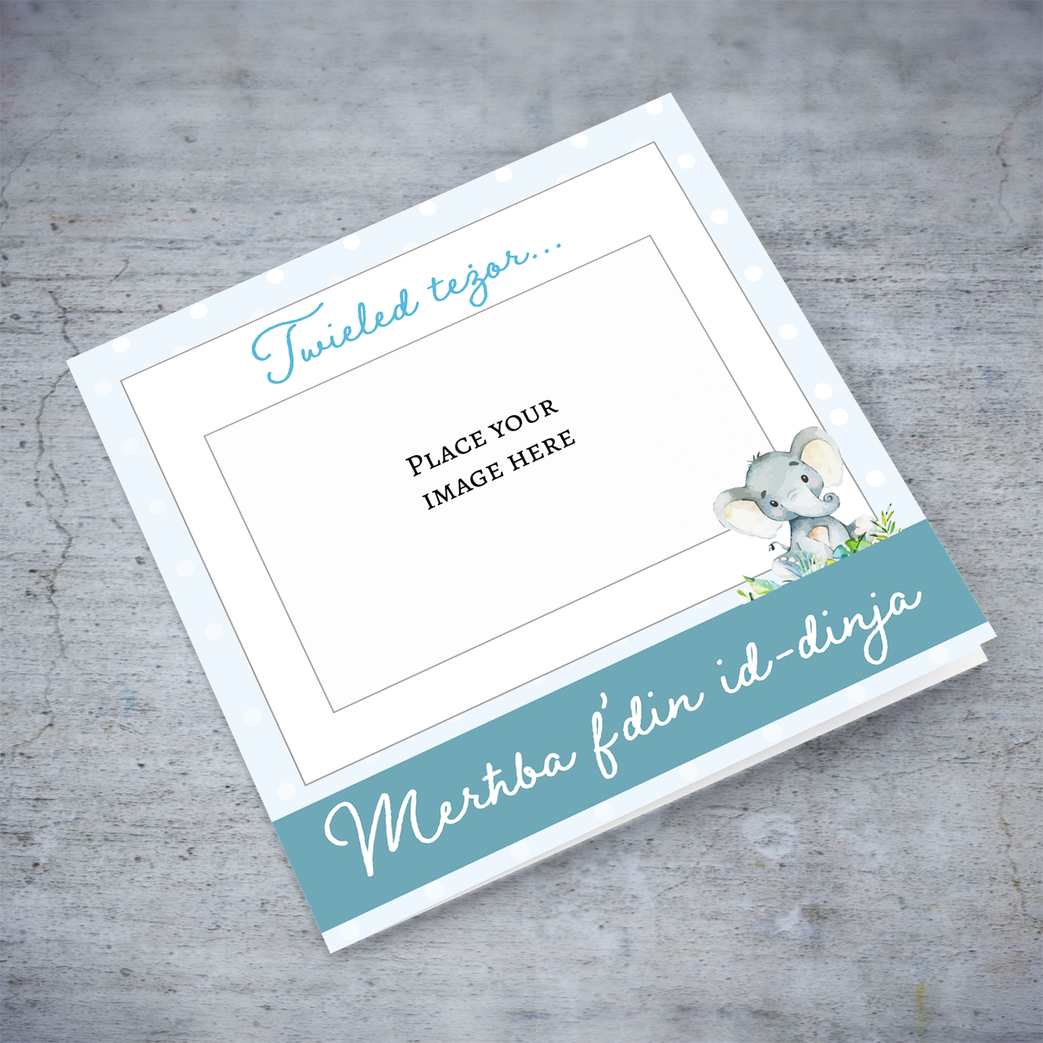 Photo new born card in light blue background and cute elephant in Maltese