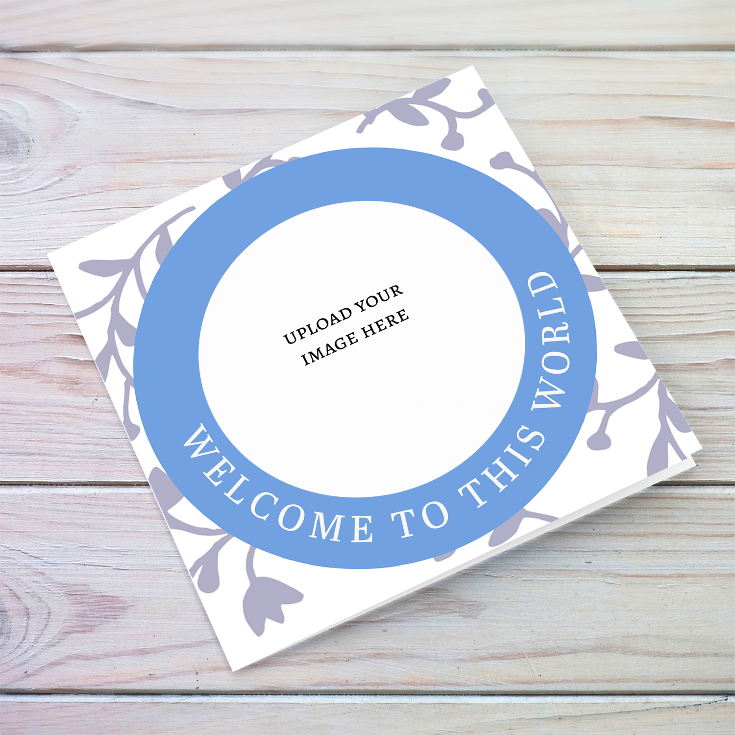 Circle shaped photo new born card for baby boy in English
