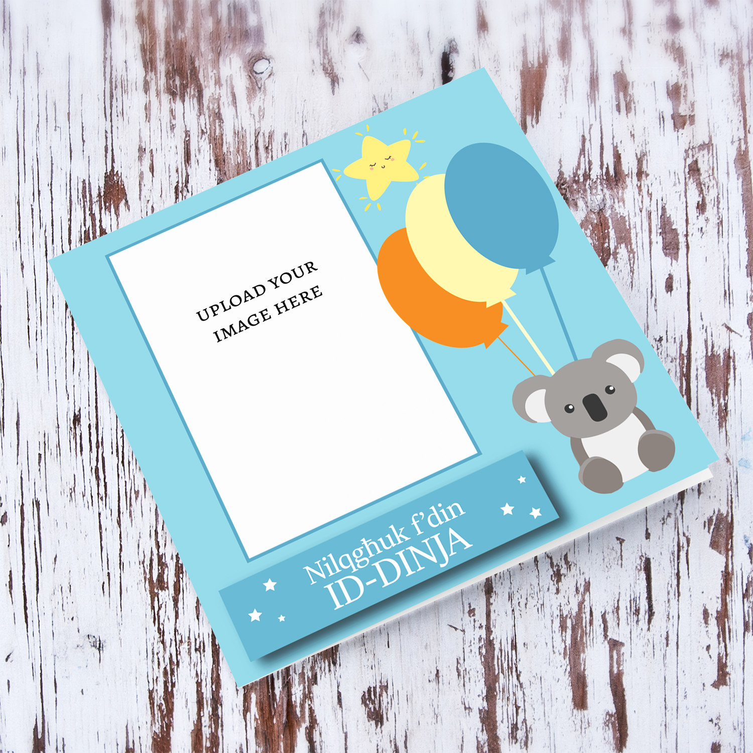 A cute koala bear holding balloons photo card for new born in blue tones in Maltese