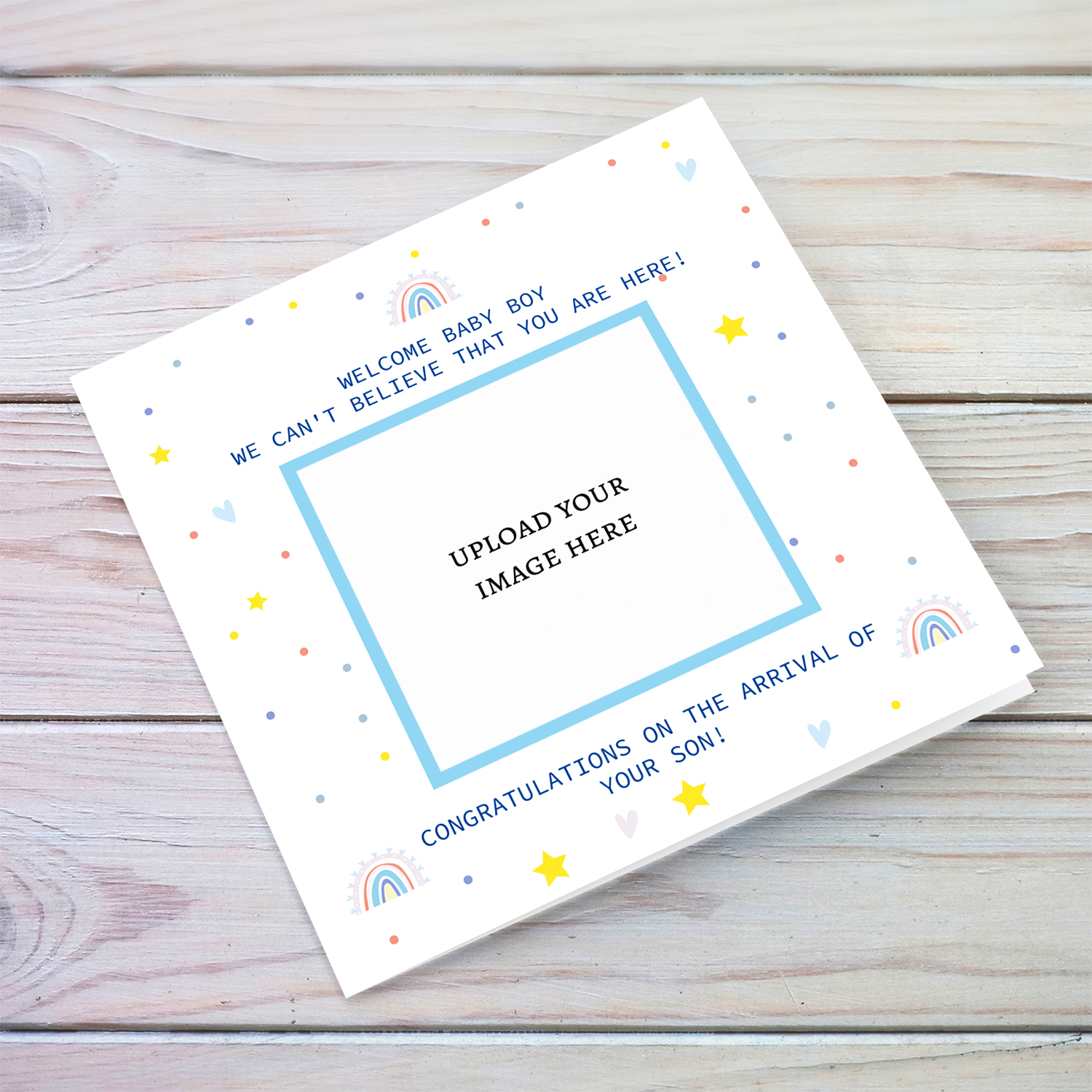 Photo new born card for baby boy with scattered rainbows, stars and hearts in pastel colours in English