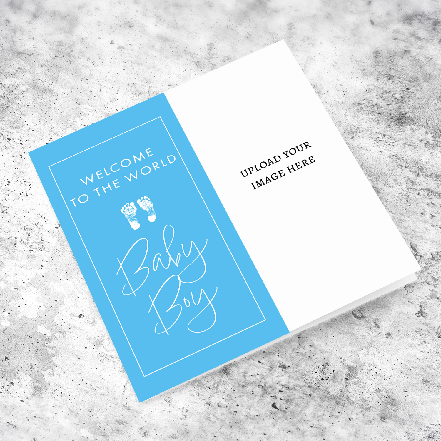 Welcome to the world baby boy photo new born card for boy in white text and border in English