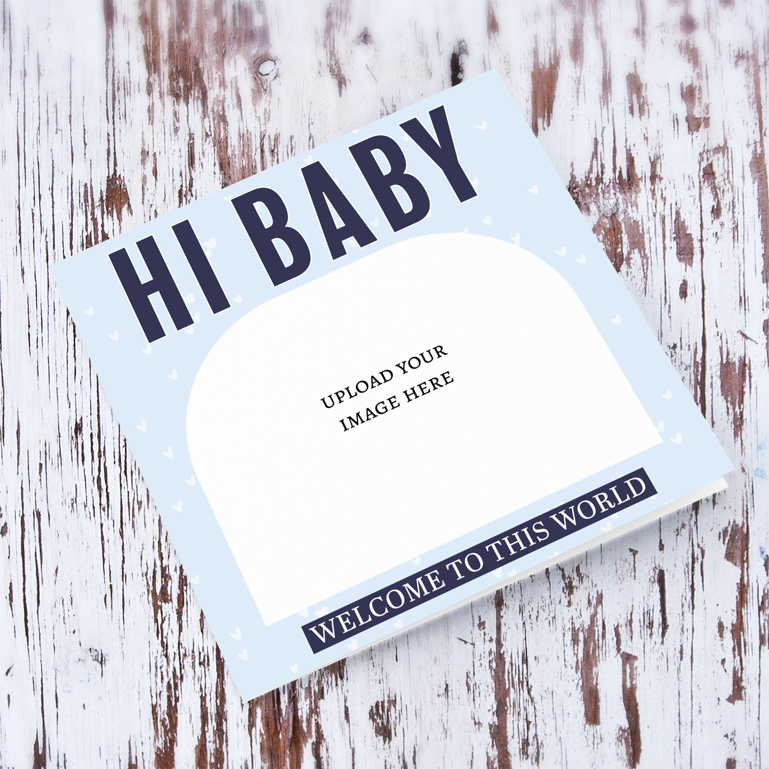 Hi Baby! New Born photo card for baby boys featuring a light blue background and scattered hearts in English 