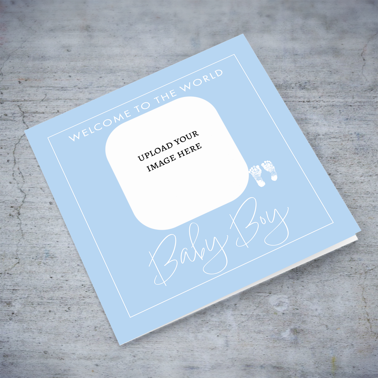 A new born baby photo card with a light blue background and white text in English 