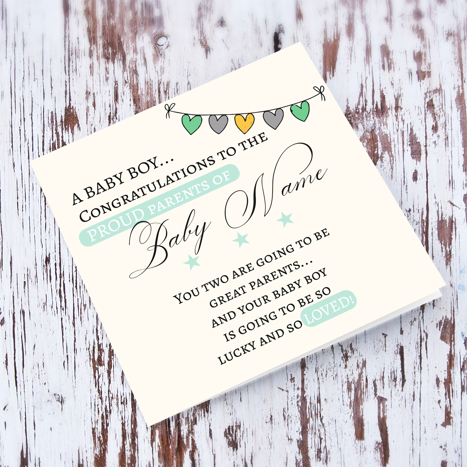 Heart bunting new born card in cream and turquoise tones for boys in English