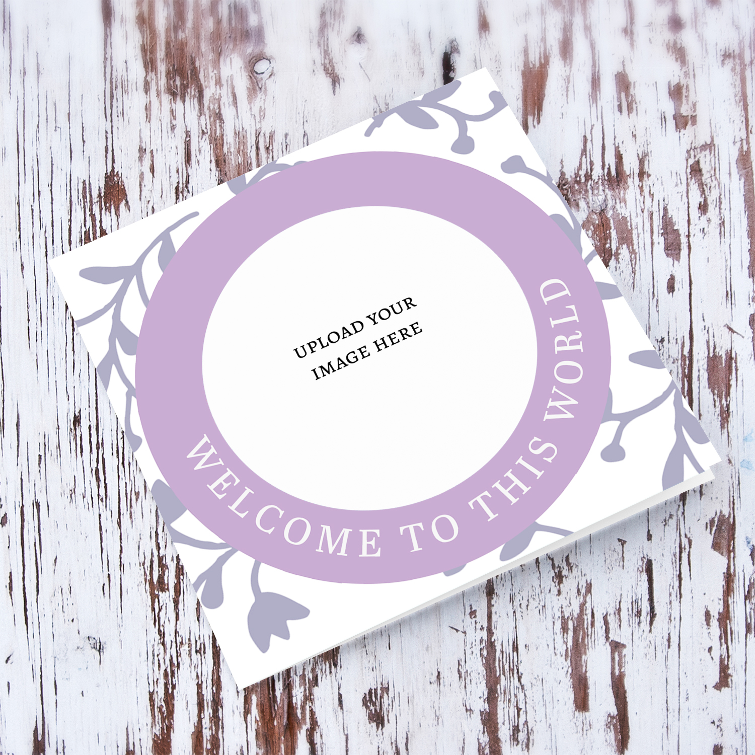 Circle shaped photo new born card for baby girl in English