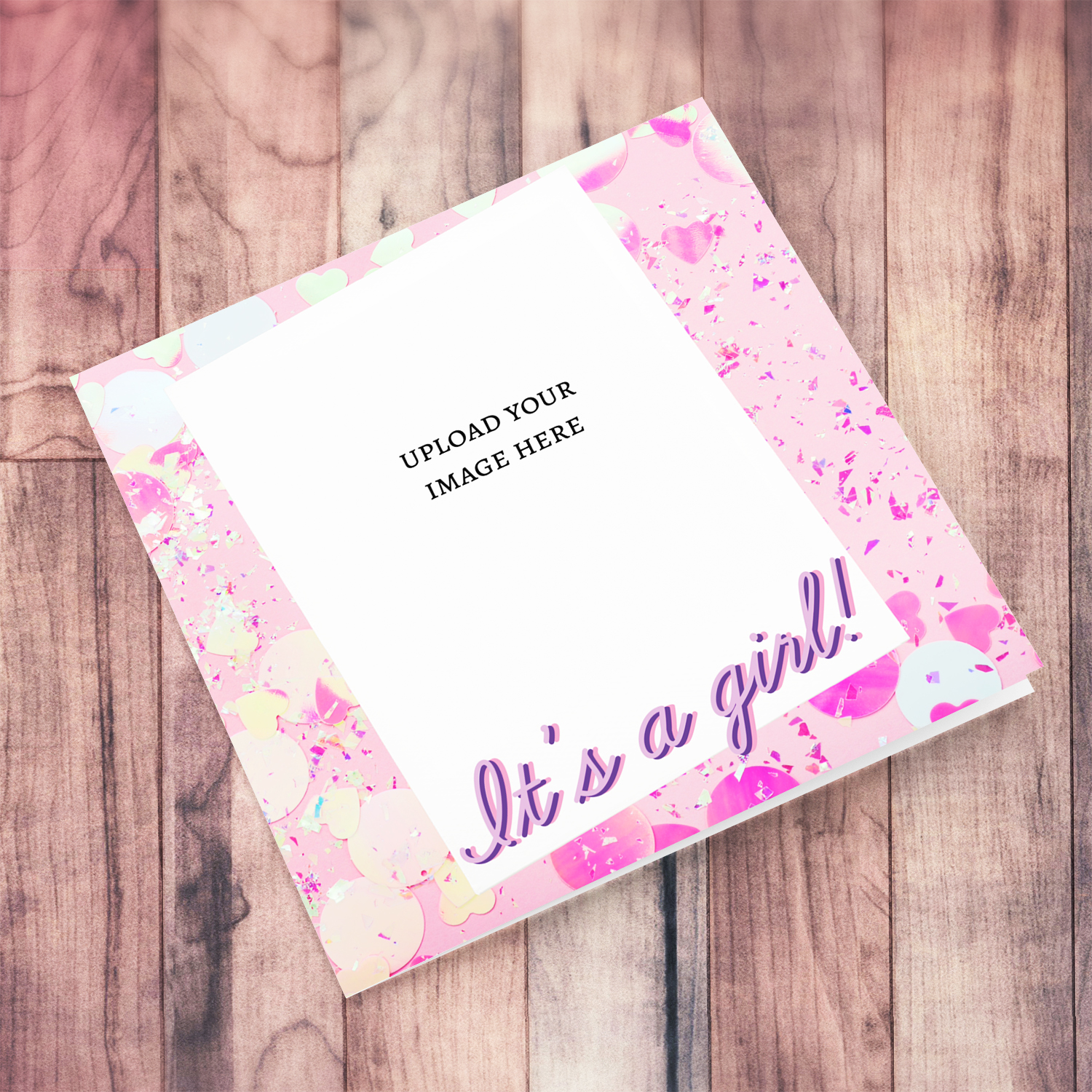 Colourful pink and confetti photo new born card for girl in English
