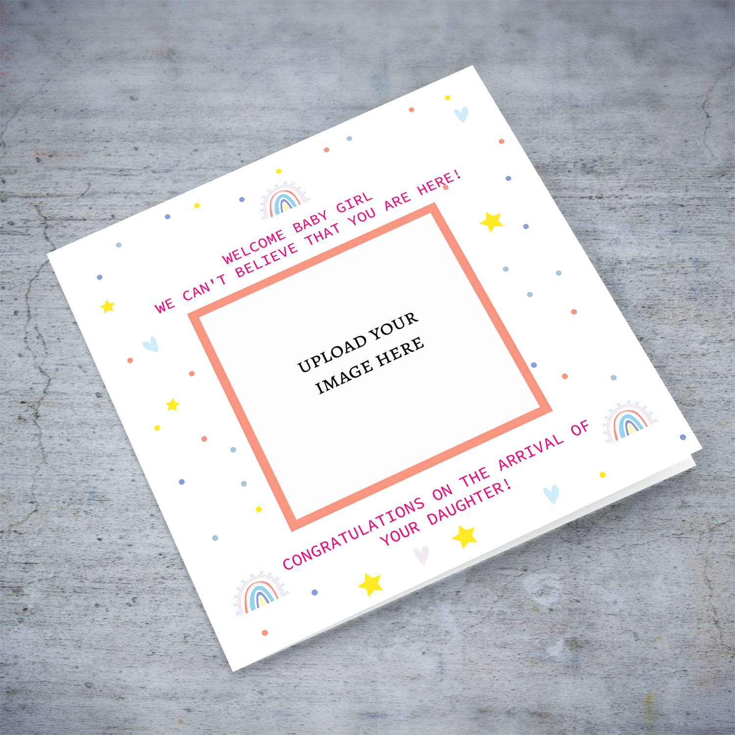 Photo new born card for baby girl with scattered rainbows, stars ad hearts in pastel colours in English