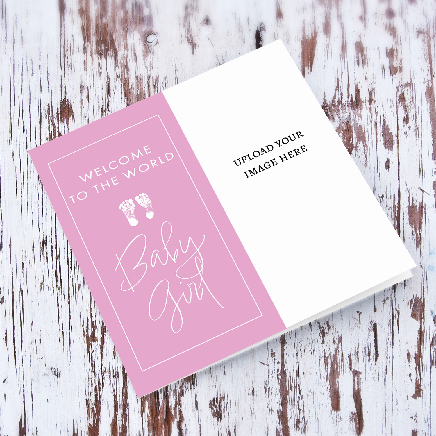 Welcome to the world baby girl photo new born card for girl in white text and border in English