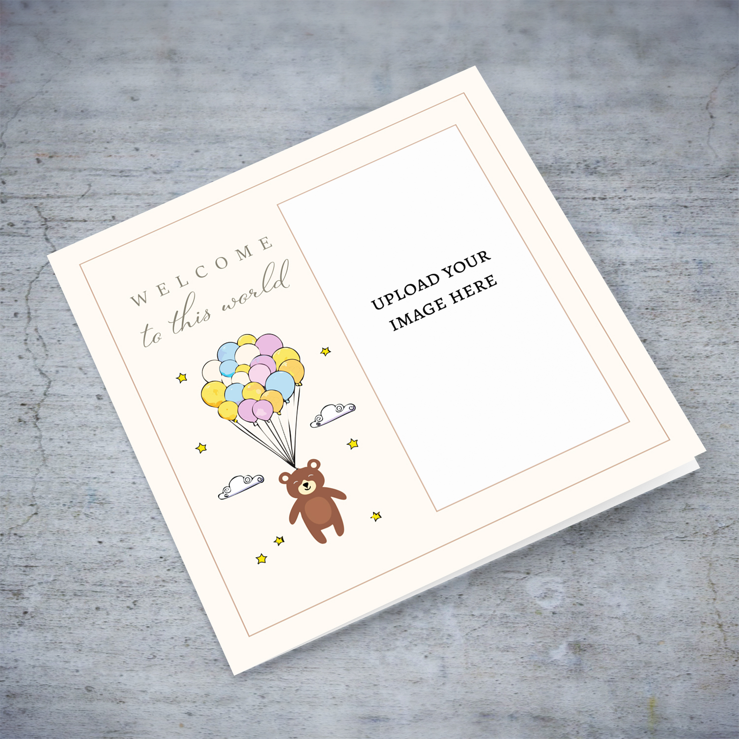 A neutral photo new born card featuring a cute bear with colourful balloons stars and clouds in English (Unisex)