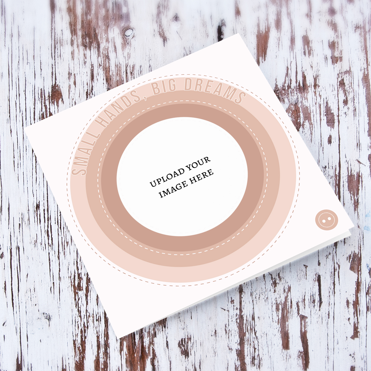 A photo new born card with circles in different tones of pink - small hands, big dreams in English