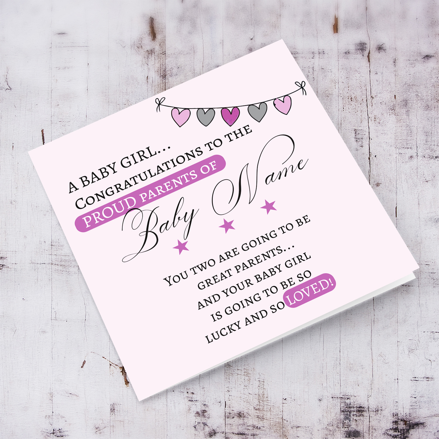 Heart bunting new born card in pink and purple tones for girls in English