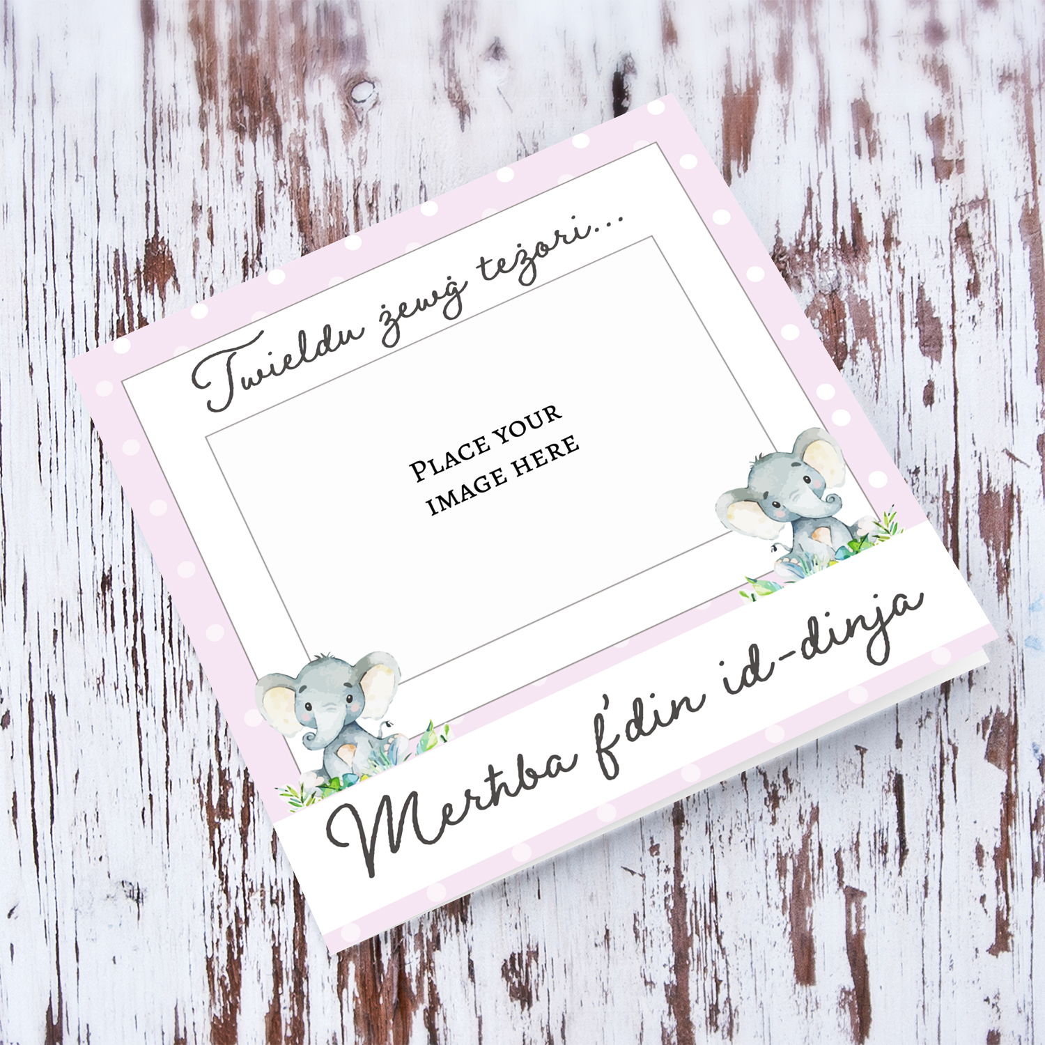 Photo new born card for twins in light pink background and cute elephant in Maltese