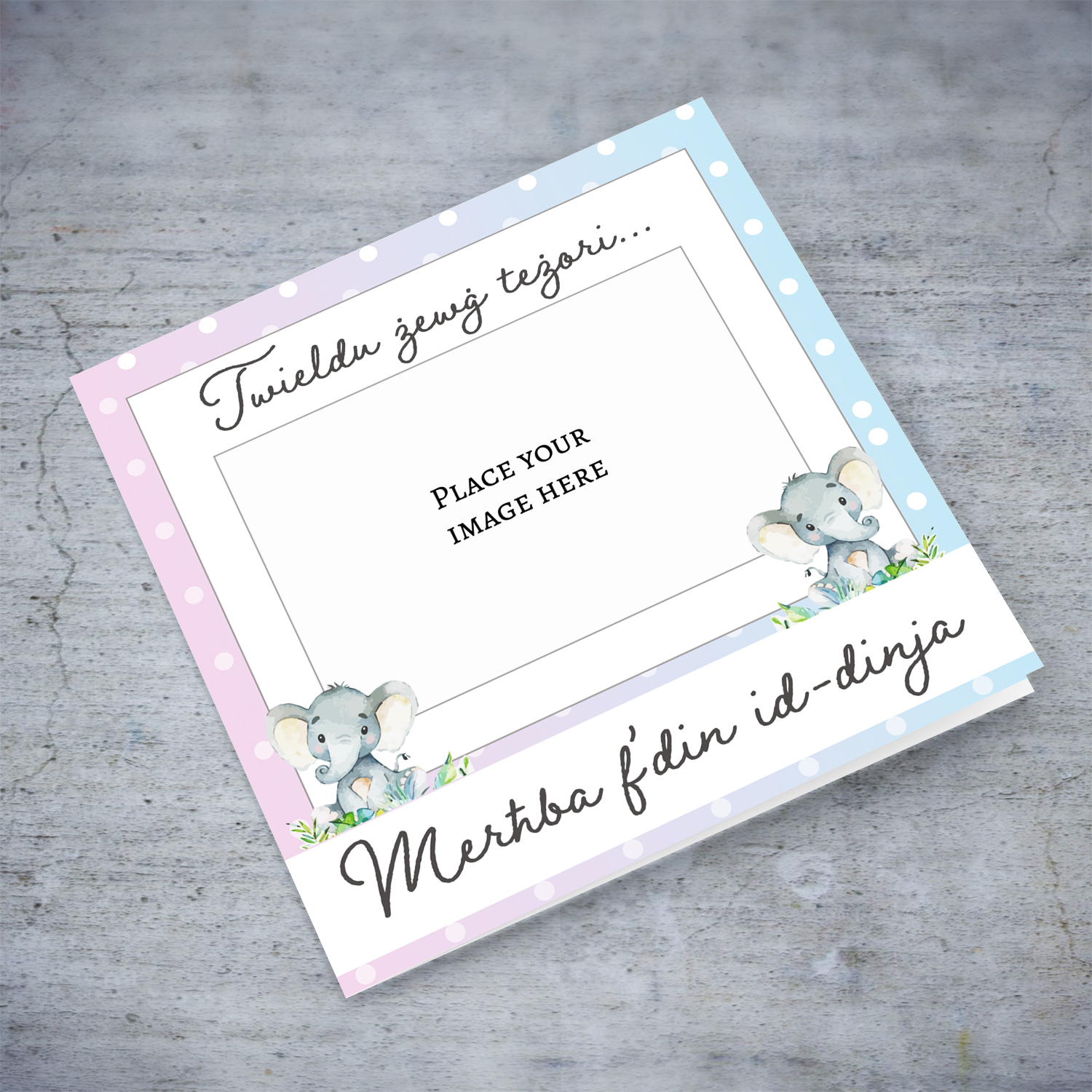 Photo new born card for twins in light pink and light blue background (For boy and girl) and cute elephant in Maltese