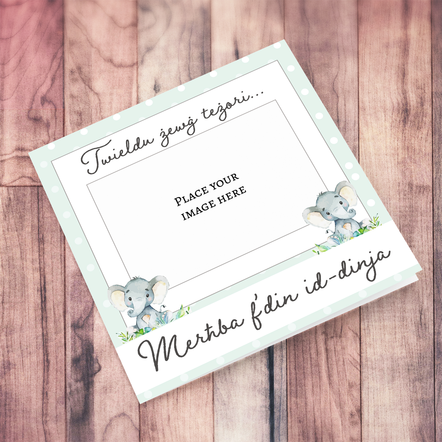 Photo new born card for twin boys in green pastel background and cute elephant in Maltese