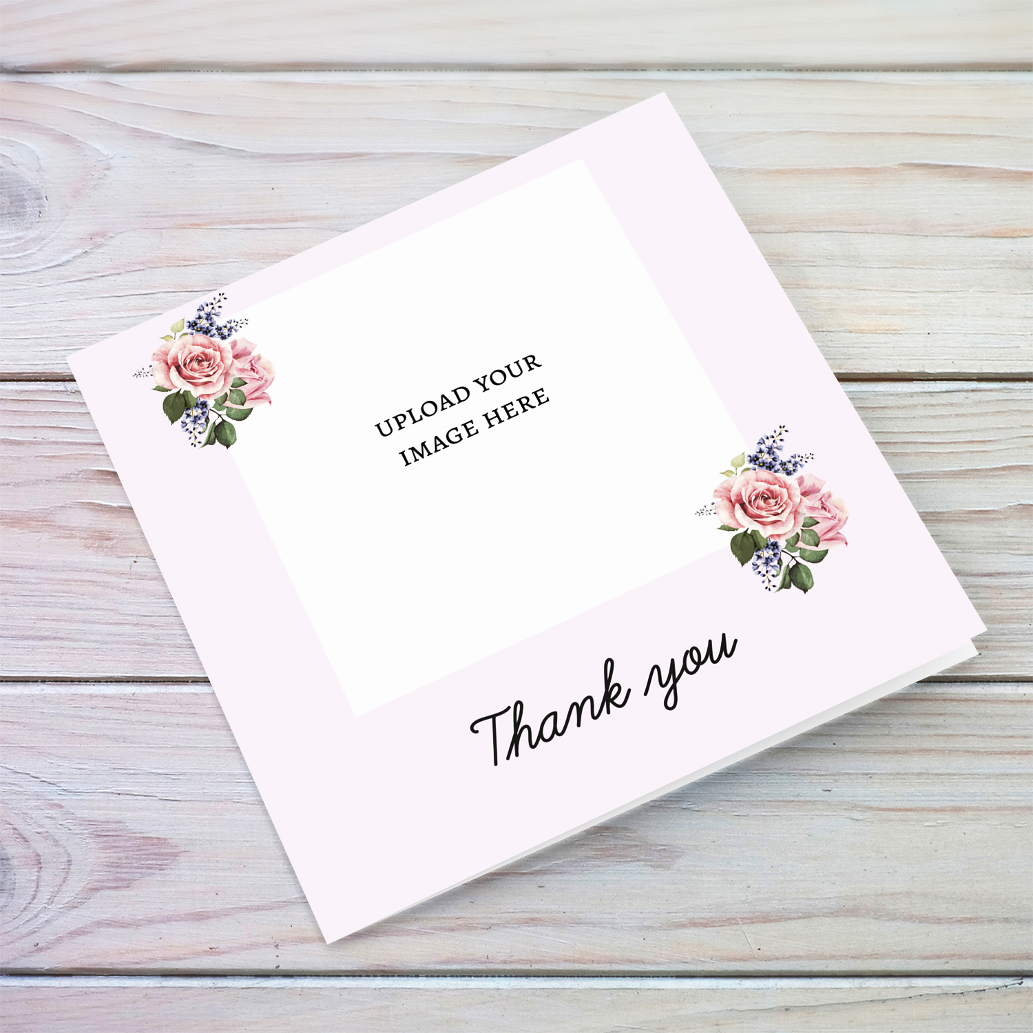 Photo thank you card with petite roses and light pink background in English