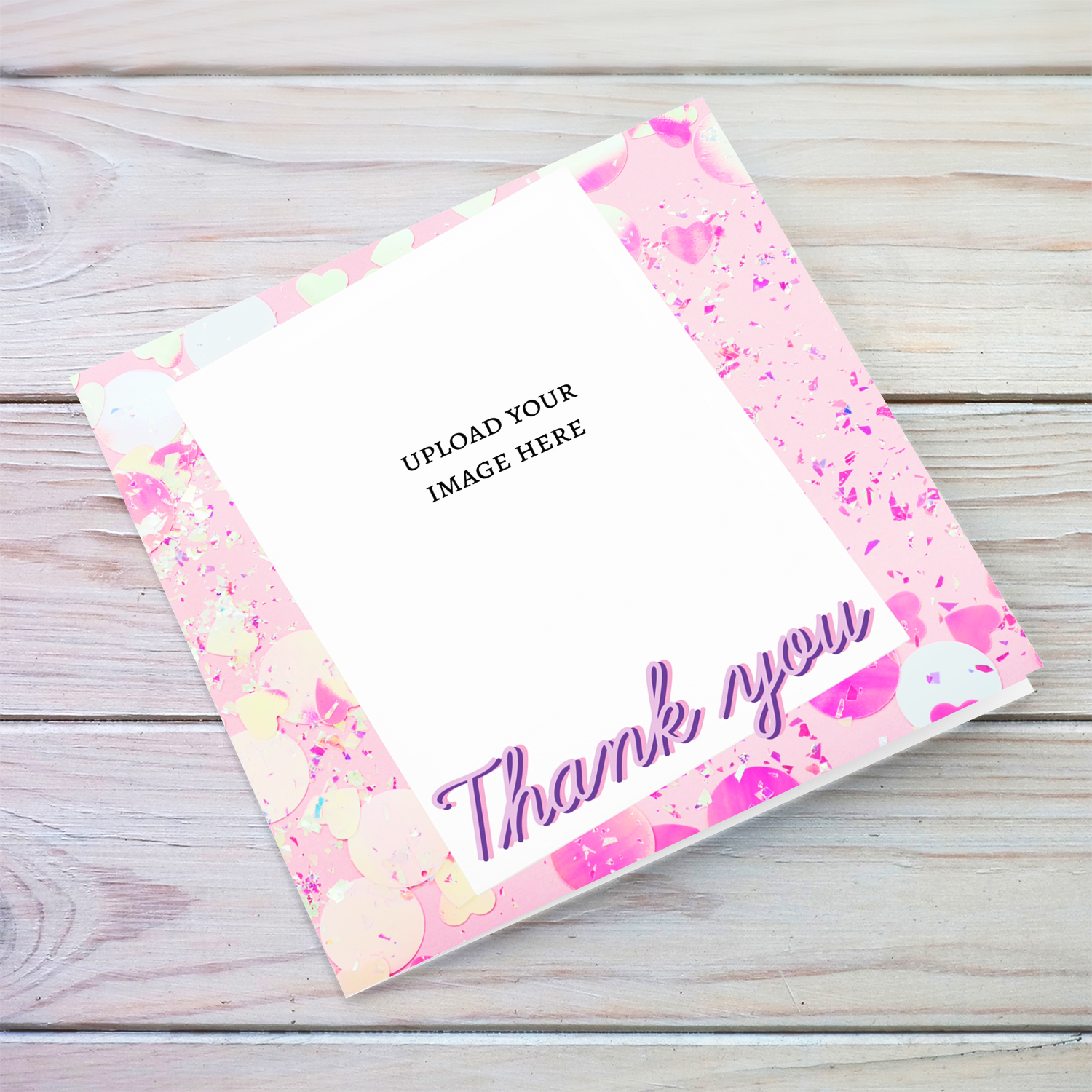 Colourful pink and confetti photo thank you card in English 