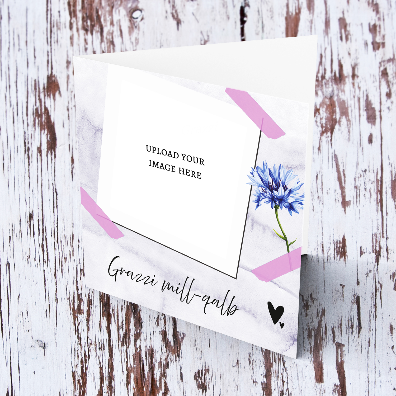Photo thank you card with blue flower and pink tape in Maltese
