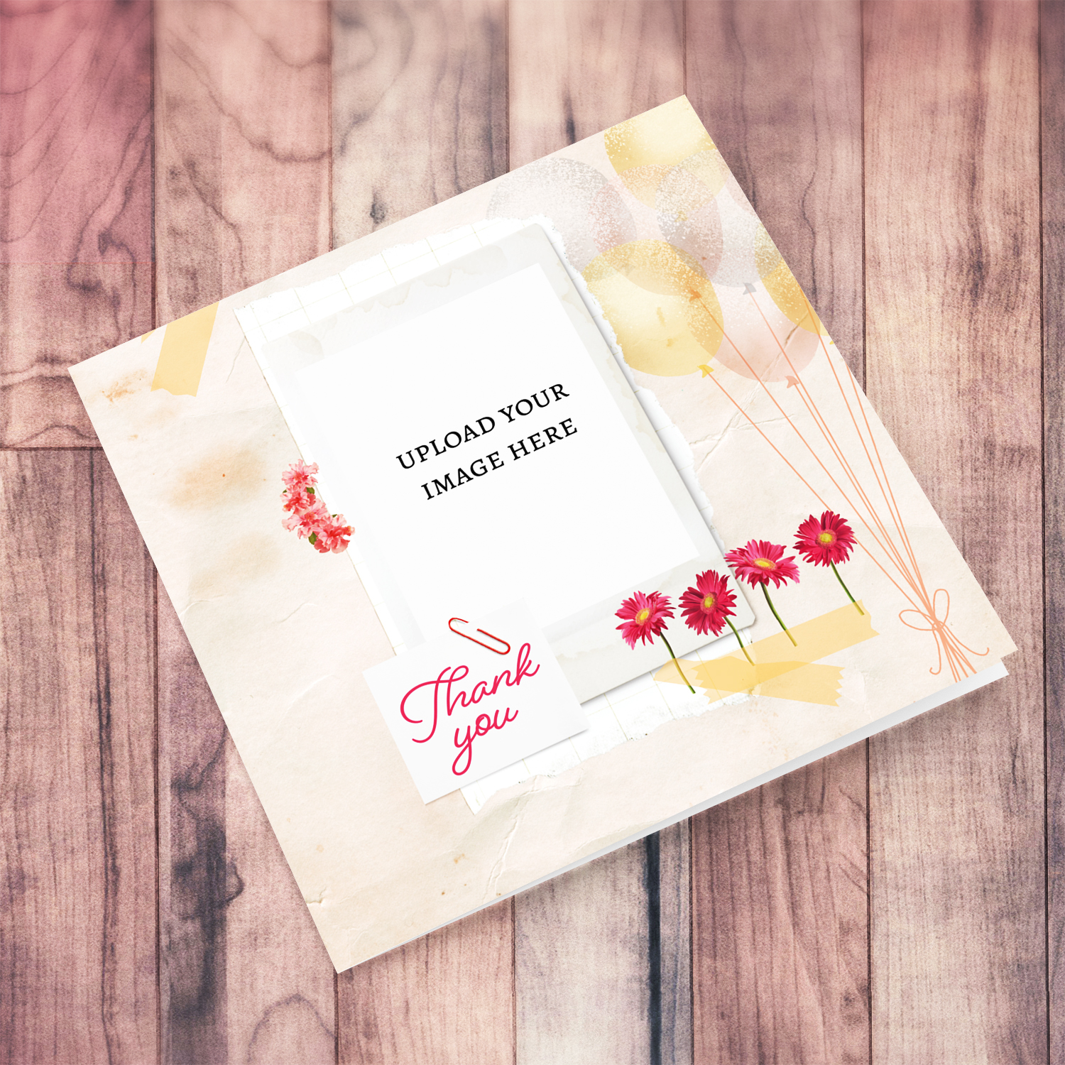 A beautiful open Thank you photo card with balloons and pink flowers in English