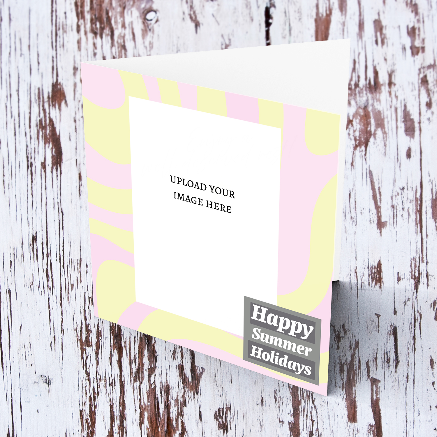 Happy summer holidays in a pink and yellow background photo card in English