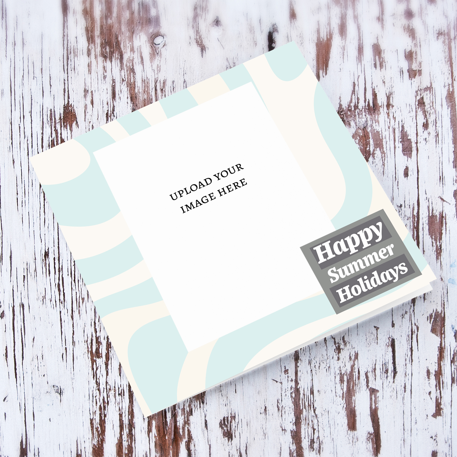 Happy summer holidays in a light blue and cream background photo card in English