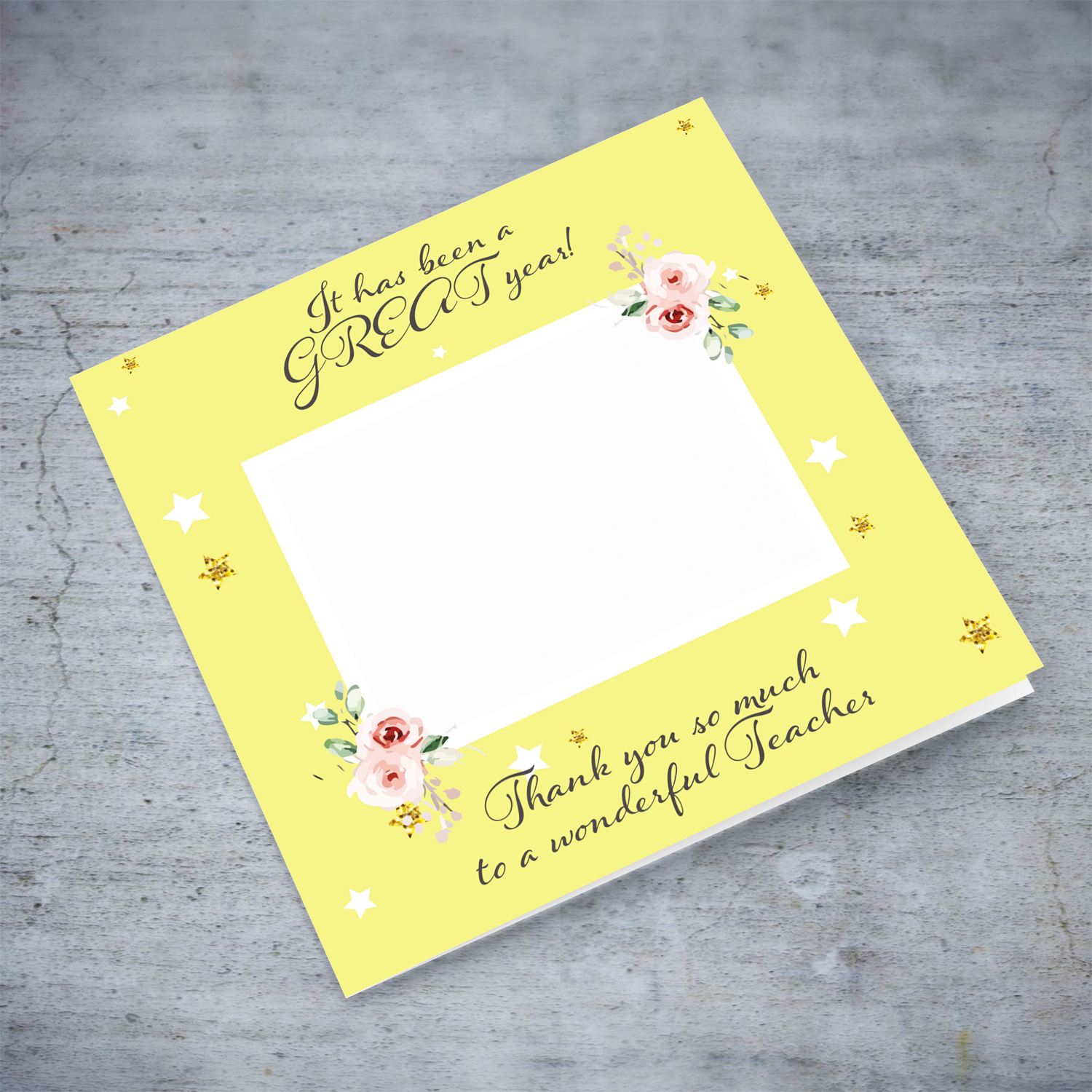 Photo thank you card for teacher with a yellow background - It has been a GREAT year! in English